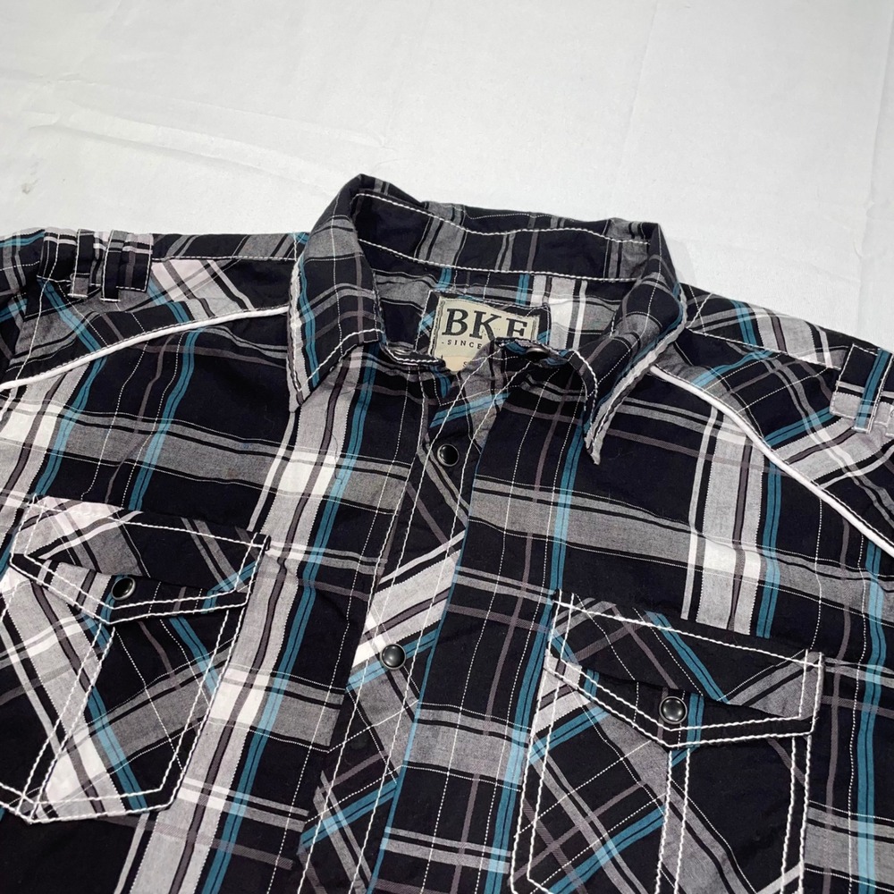 BKE Mens XL Slim Fit Plaid Western Snap Button Down Shirt Black Teal Cotton‎